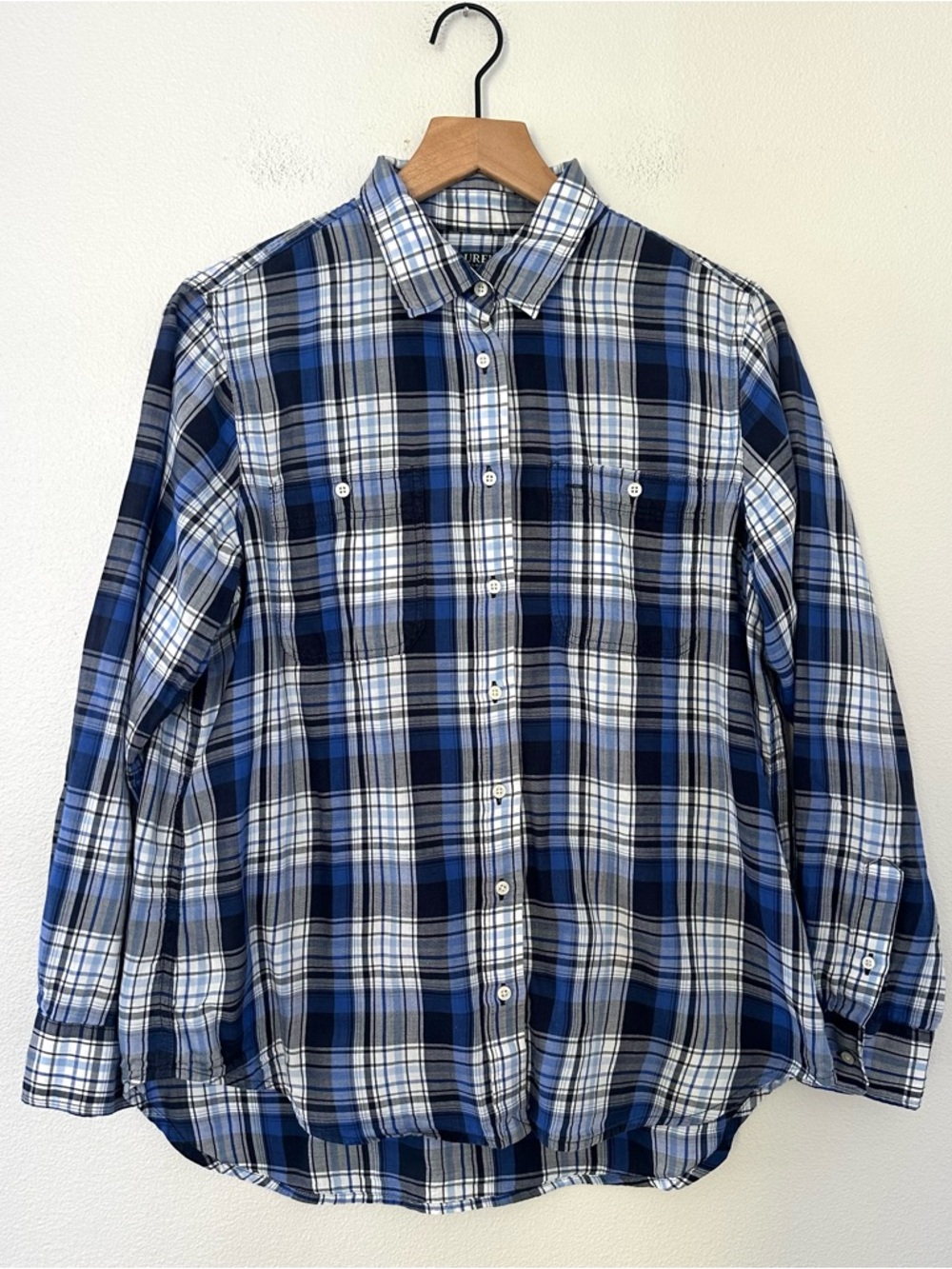Ralph Lauren Lightweight 100% Cotton Blue Black Plaid Button Up Shirt L Preppy